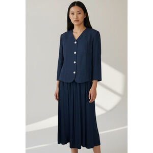 90s Navy Blue Long Sleeve Modest Career Blazer Front Midi Dress Tie Back Size 12